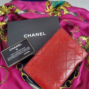 Authentic Chanel Red Quilted / Double Stitch Lambskin wallet
